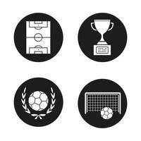 conjunto de ícones do campeonato de futebol. taça do vencedor, bola de futebol com coroa de louros, portões e campo. Ilustrações de silhuetas brancas em círculos pretos vetor