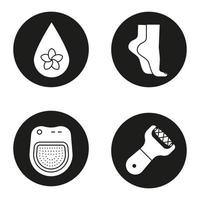 conjunto de ícones de salão de spa. gota de óleo de aromaterapia, pés femininos, banho de salão de spa, lixa para pés. Ilustrações de silhuetas brancas em círculos pretos vetor