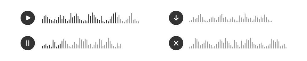 audio bate-papo ou Móvel mensageiro elementos com jogar, pausa, baixar botões e discurso ondas isolado em branco fundo. som Arquivo ícones. correio de voz pictogramas vetor