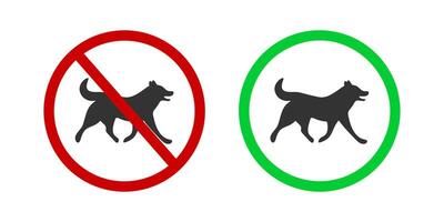 cachorros Proibido e permitido ícone. animais de estimação caminhando banimento e amigáveis zona pictograma. canino silhueta dentro vermelho proibido e verde aprovado placa vetor