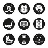 conjunto de ícones de equipamentos de hóquei. capacete, disco e tacos, camisa, portão, skate, troféu de vencedor, rinque de hóquei. Ilustrações de silhuetas brancas em círculos pretos vetor