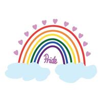 colorida arco Iris com nuvens e pequeno corações mão letras Rosa. conceito mês orgulho, lgbtq vetor
