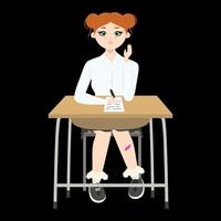 fofa menina com vermelho cabelo sentado às uma escola escrivaninha com elevado mão em Preto fundo. costas para escola edição. plano vetor
