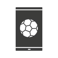 ícone de glifo do jogo de futebol no smartphone. app de apostas esportivas. símbolo da silhueta. telefone inteligente com bola de futebol. espaço negativo. ilustração isolada do vetor
