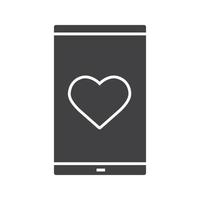 ícone de glifo do aplicativo de namoro no smartphone. símbolo da silhueta. telefone inteligente com formato de coração. espaço negativo. ilustração isolada do vetor
