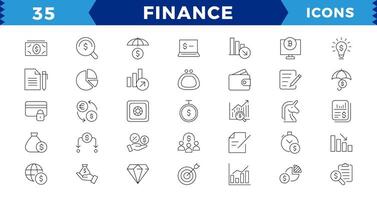 pixel perfeito finança linha ícones definir. dinheiro pagamentos elementos esboço ícones coleção. moeda, dinheiro, banco, criptomoeda, verificar, carteira, porquinho, equilíbrio, editável AVC. vetor