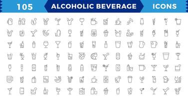 alcoólico bebidas pixel perfeito ícones definir. simples esboço coquetéis ícones isolado em branco fundo. conjunto inclui cerveja, Mojito, uísque. ícones conjunto para restaurante, bar, bar. vetor