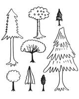 doodle park forest coníferas silhuetas abstratas árvores delineadas em conjunto de coleta de cor preta vetor