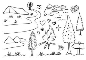 mão desenhada camping e caminhadas elementos, isolados no branco background.camping doodle ícones esboço feito à mão. vetor
