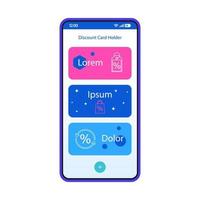 modelo de vetor de interface de smartphone de titular de cartão de desconto. layout de design azul da página do aplicativo móvel. tela de carteira eletrônica. interface do usuário plana para aplicação. compras, venda, cartões de recompensas. display do telefone