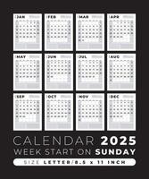 calendário 2025 em branco modelo limpar \ limpo e mínimo Projeto Tamanho carta, semana começar em domingo vetor