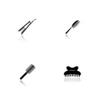 acessórios de cabelo femininos. drop shadow black icons set. escovas de cabelo, alisador, grampo de cabelo em forma de garra. ilustrações vetoriais isoladas vetor