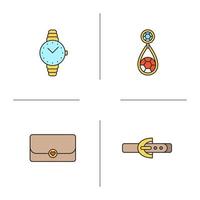 conjunto de ícones de cores de acessórios femininos. relógio de pulso, brinco, bolsa, cinto de couro. ilustrações vetoriais isoladas vetor
