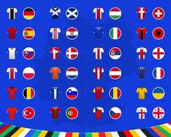 conjunto do bandeiras e Camisetas kits do a nacional futebol equipe. futebol equipe bandeira ícone. europeu futebol torneio dentro Alemanha. vetor