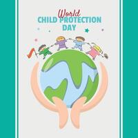 mundo criança proteção dia poster com a os mundos crianças estão protegido dentro a Palma do seu mão vetor