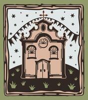 festa junina dentro brasil. cordel xilogravura estilo. igreja, estrelado céu, festa bandeiras e plantas vetor