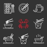 conjunto de ícones de giz de comida chinesa. sushi, macarrão, ramen, arroz frito com palitos de frutos do mar, cerveja, caranguejo. ilustrações vetoriais isoladas em quadro-negro vetor
