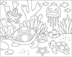 Preto e branco debaixo a mar panorama ilustração com tartaruga e bebê. oceano vida linha cena com areia, algas, corais, recifes. fofa horizontal água natureza fundo, coloração página vetor