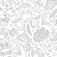 Preto e branco debaixo a mar desatado padronizar. repetir linha fundo com tartaruga, polvo, corais, caranguejo. oceano vida digital papel. água animais ilustração ou coloração página com peixe vetor