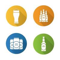 conjunto de ícones de longa sombra de design plano de cerveja. garrafas de cerveja, vidros e latas cheios de espuma. símbolos de silhueta de vetor