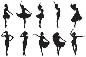 dançando menina grupo Preto silhueta fêmea figura isolado sobre branco fundo ilustração vetor