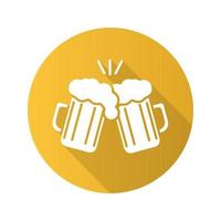 brindando copos de cerveja. ícone de sombra longa de design plano. Felicidades. dois copos de cerveja espumosos. símbolo da silhueta do vetor
