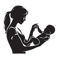 mãe segurando bebê filhos mão, Preto cor silhueta vetor
