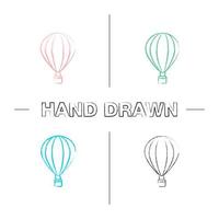 Conjunto de ícones de mão desenhada de balão de ar quente. pincelada de cor. aeróstato. ilustrações esboçadas de vetor isoladas