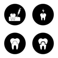 conjunto de ícones de glifo de odontologia. estomatologia. injeção de goma, coroa dentária, dor de dente. Ilustrações de silhuetas brancas em círculos pretos vetor