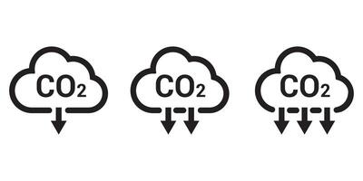 reduzir co2 gás ícone definir. carbono redução nuvem placa. cortar co2 pictograma. zero carbono emissão. zero estufa gás baixo co2 logotipo. carbono dióxido emissões. simples linear ilustração. vetor