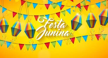 festa junina ilustração com festa bandeiras e papel lanterna em amarelo fundo. Brasil Junho tradicional feriado festival Projeto para celebração bandeira, cumprimento cartão, convite ou poster vetor