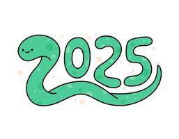 serpente 2025 ano símbolo. fofa desenho animado verde serpente sorridente. adorável rabisco personagem. ilustração. 2025 números chinês horóscopo, oriental zodíaco calendário. vetor