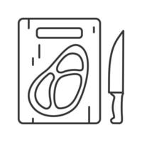 bife na tábua com ícone linear de faca. ilustração de linha fina. bife. símbolo de contorno. desenho de vetor isolado