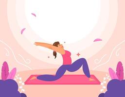 ilustração do uma mulher fazendo ioga movimentos. Guerreiro pose 1. internacional ioga dia. fazendo Atividades e exercício dentro natureza. melhora flexibilidade e músculo força, enquanto corrigindo pobre postura vetor
