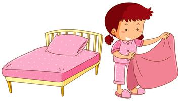menina bonitinha arrumando a cama arrumando travesseiro e capa de