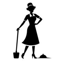 uma limpador mulher meticulosamente limpeza a quarto plano estilo silhueta vetor
