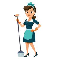 uma limpador mulher meticulosamente limpeza a quarto plano estilo silhueta vetor