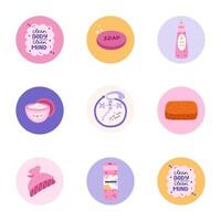 fofa e engraçado volta luzes para social meios de comunicação, blogs, negócios, branding com spa, higiene e banhar ilustrações. cobrir ícones para histórias com Cosmético produtos, lavando Itens clipart. vetor