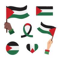 Palestina e gaza bandeira conjunto com mão desenhado ilustrações. mão segurando bandeira, bandeira dentro a forma do fita, coração, círculo. livre Palestina e Salve  gaza conceito coleção para poster, bandeira, folheto vetor