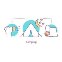 ícone do conceito de acampamento à noite. ilustração de linha fina de ideia de recreação ao ar livre. tenda, tapete de campismo, lanterna. desenho de contorno isolado de vetor