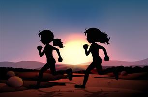 Duas garotas correndo no campo ao pôr do sol vetor