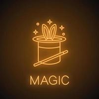 ícone de luz de néon de truques de mágica. coelho com chapéu com varinha mágica. sinal brilhante. ilustração isolada do vetor