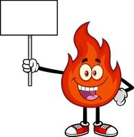 feliz vermelho fogo desenho animado personagem segurando acima uma em branco placa vetor