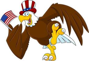 louco patriótico Águia personagem vestindo uma EUA chapéu e acenando a americano bandeira vetor