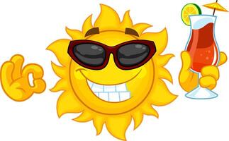 sorridente Sol desenho animado personagem com oculos de sol e verão coquetel vetor