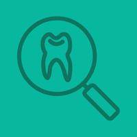 ícone linear de cor de pesquisa de clínica de estomatologia. lupa com dente humano. símbolos de contorno de linha fina na cor de fundo. ilustração vetorial vetor