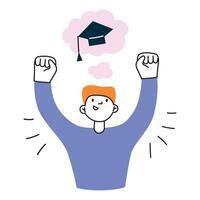 aluna feliz sobre graduação a partir de faculdade, ganhando bolsa de estudos, sonhando do passagem exames, escola Educação, composição com plano desenho animado garoto, ilustração do acadêmico sucesso, graduado boné vetor