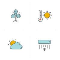 conjunto de ícones de cores do clima de verão. ventilador, sol atrás de nuvens, ar condicionado, temperatura quente no verão. ilustrações vetoriais isoladas vetor