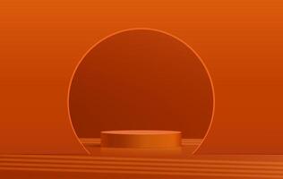 realista 3d laranja cilindro pedestal pódio com abstrato arco fundo para seu produtos exibição apresentação vetor