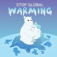 Pare global aquecimento bandeira. plano ilustração. global aquecimento conceito. polar ursos em uma geleira. vetor